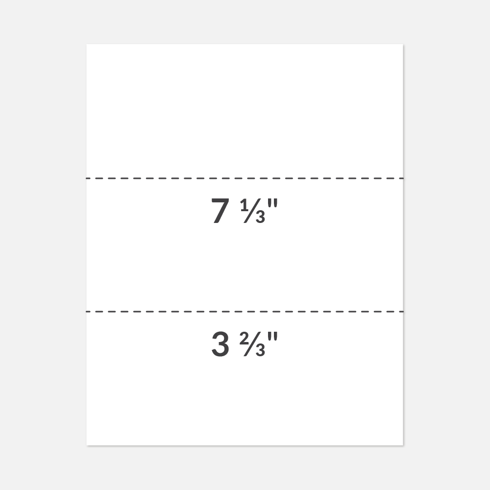 Shop Taylor – 8.5 x 11 Laser Printer Paper with Micro Perforation, featuring two sections measuring 7 1/3 inches and 3 2/3 inches, separated by perforated lines for easy tearing.