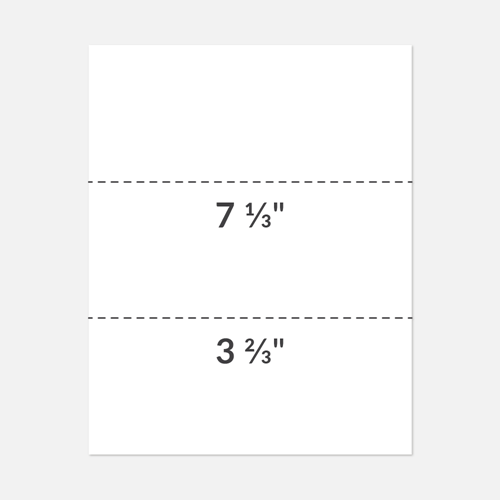 Shop Taylor – 8.5 x 11 Laser Printer Paper with Micro Perforation, featuring two sections measuring 7 1/3 inches and 3 2/3 inches, separated by perforated lines for easy tearing.