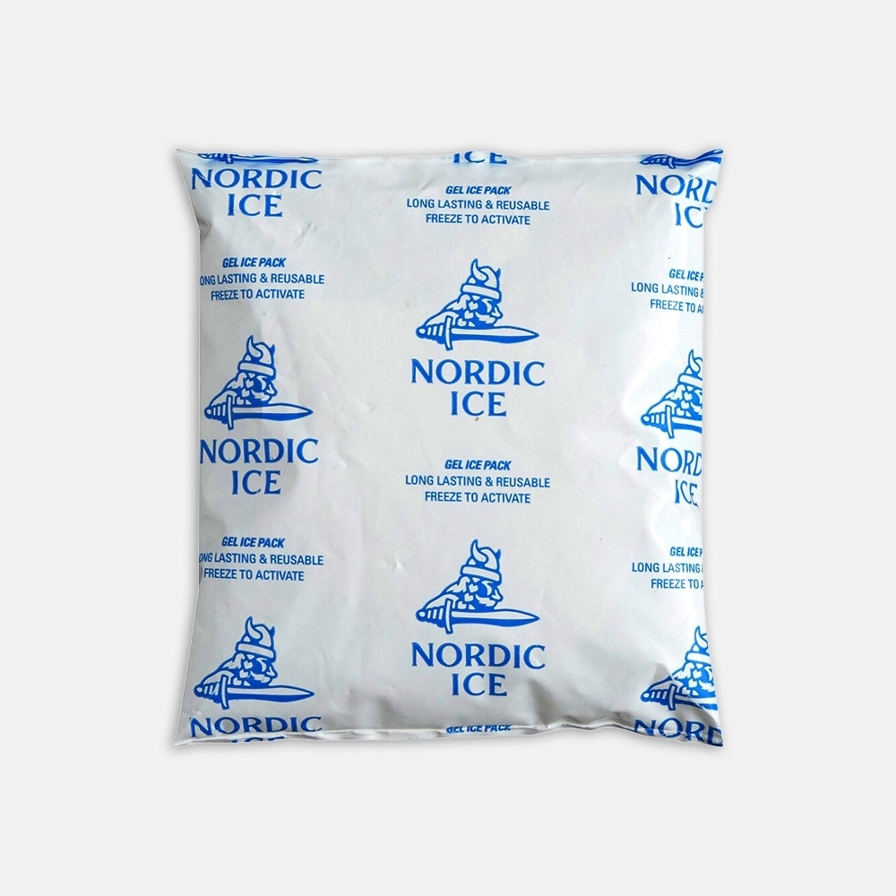 Square Nordic Ice gel ice pack with white background and blue text and graphics. The pack displays repeated logos featuring a Viking helmet and sword, along with the words ‘Nordic Ice’ and instructions: ‘Gel Ice Pack, Long Lasting & Reusable, Freeze to Activate.’