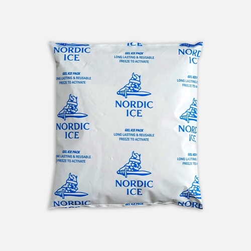 Square Nordic Ice gel ice pack with white background and blue text and graphics. The pack displays repeated logos featuring a Viking helmet and sword, along with the words ‘Nordic Ice’ and instructions: ‘Gel Ice Pack, Long Lasting & Reusable, Freeze to Activate.’