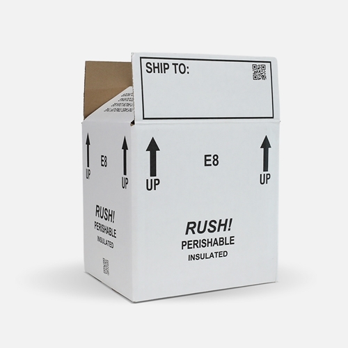 White insulated shipping box with black text and arrows indicating ‘UP.’ The box displays ‘RUSH! PERISHABLE INSULATED’ and ‘SHIP TO:’ label area on the top flap, along with code ‘E8’ and a small QR code.