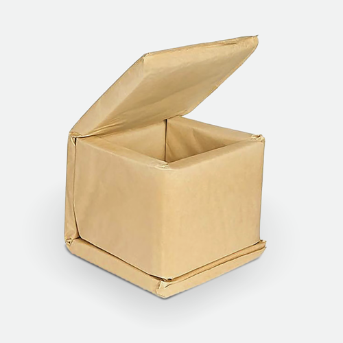 Brown insulated shipping box with an open lid, fully wrapped in kraft paper. The box has a square shape and thick padding for protection.