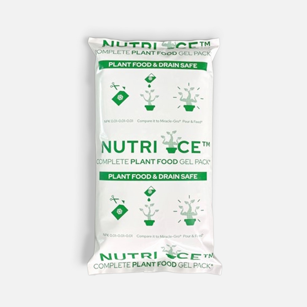 Rectangular Nutri Ice plant food gel pack with white background and green text and graphics. The pack displays the words ‘Nutri Ice Complete Plant Food Gel Pack’ and ‘Plant Food & Drain Safe,’ along with icons showing plant growth and safety symbols.