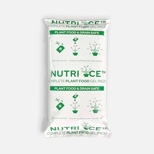 Rectangular Nutri Ice plant food gel pack with white background and green text and graphics. The pack displays the words ‘Nutri Ice Complete Plant Food Gel Pack’ and ‘Plant Food & Drain Safe,’ along with icons showing plant growth and safety symbols.