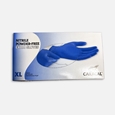 Box of Caracal brand nitrile powder-free exam gloves in extra-large size. The packaging is white and blue with an image of blue gloves and text indicating ‘Tested for use with chemotherapy drugs.’