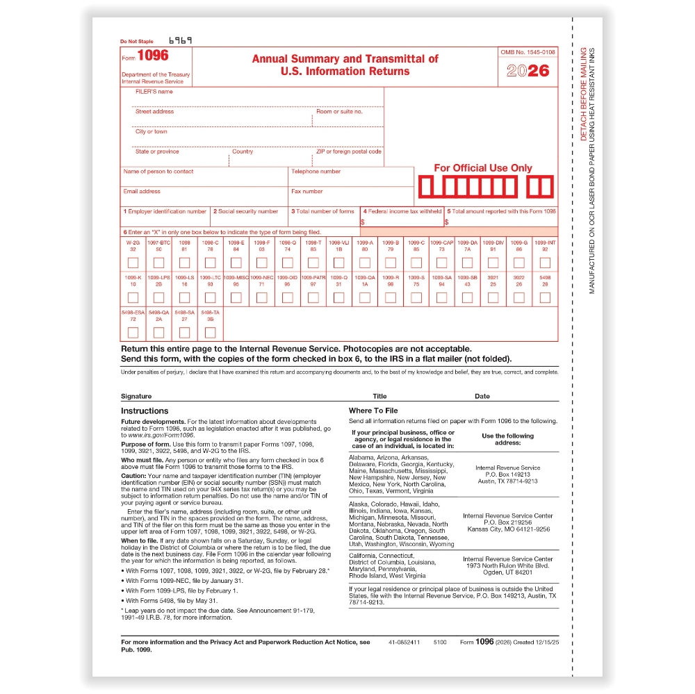 IRS Form 1096 Transmittal & Annual Summary Forms (50 Forms)