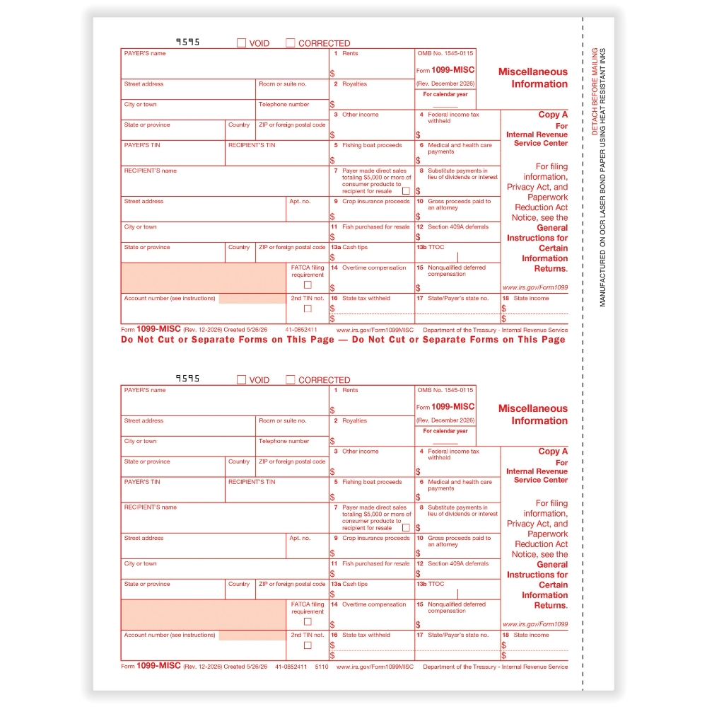IRS Form 1099-MISC Copy A Federal Filing Forms (50 Sheets)