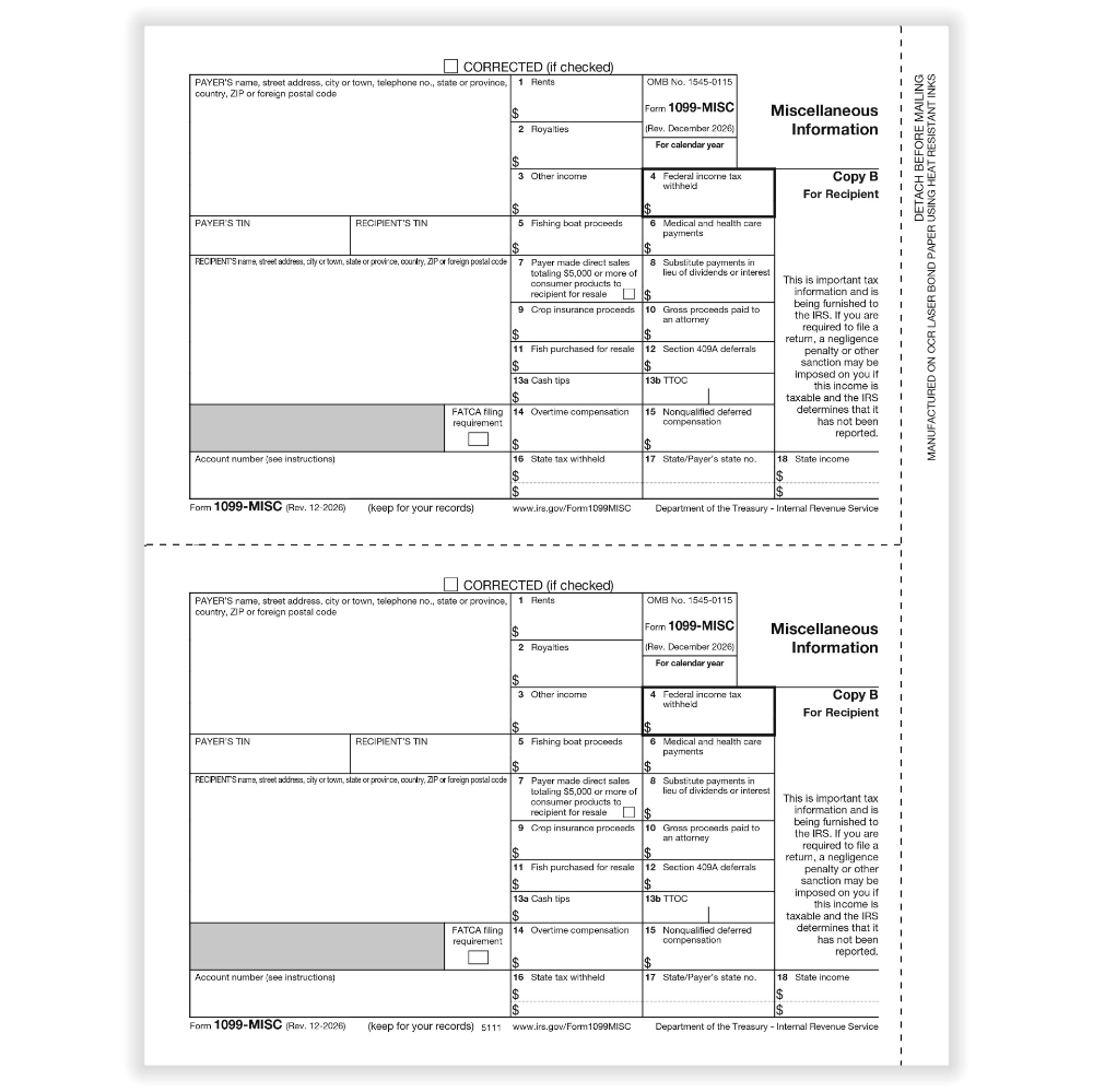 IRS Form 1099-MISC Copy B Recipient Forms (500 Sheets)
