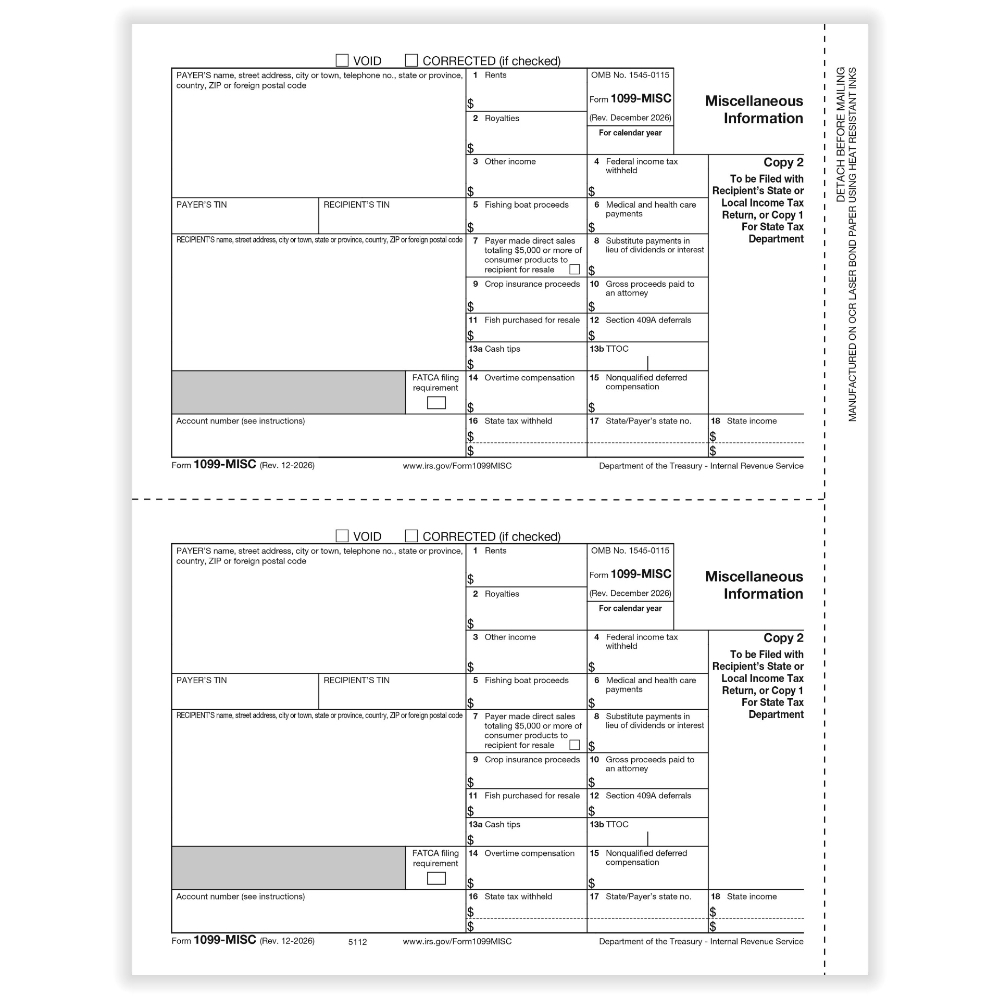 IRS Form 1099-MISC Copies 2 & 1 Recipient Forms (500 Sheets)