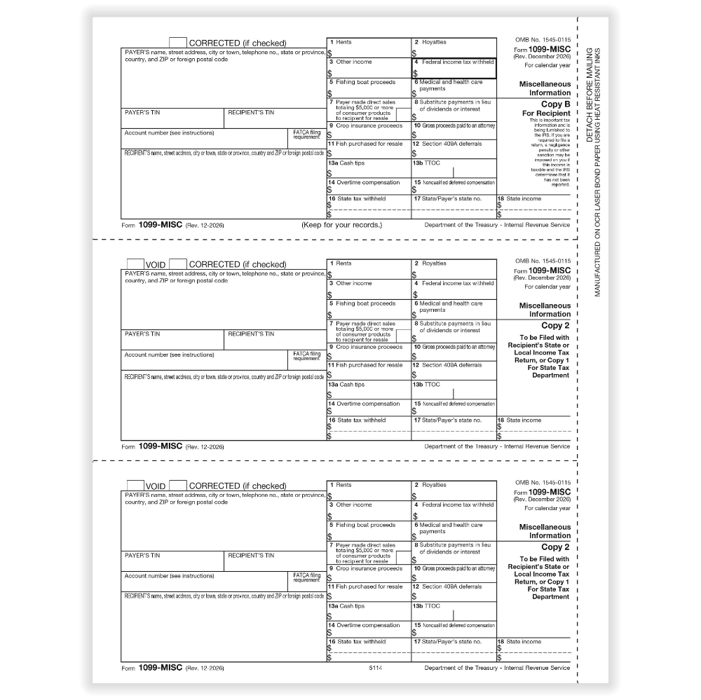 IRS Form 1099-MISC Recipient Copies B & 2 Forms (500 Sheets)