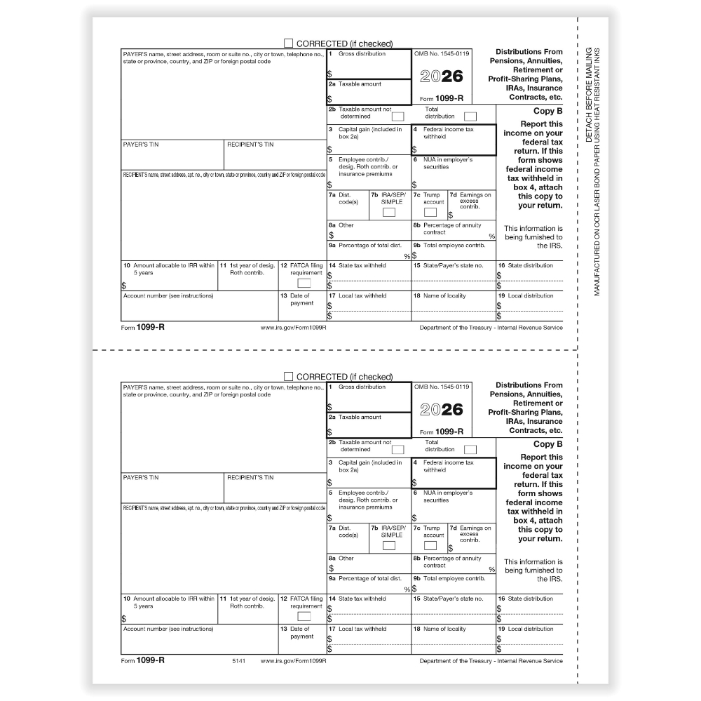 IRS Form 1099-R Copy B Recipient Forms (50 Sheets)