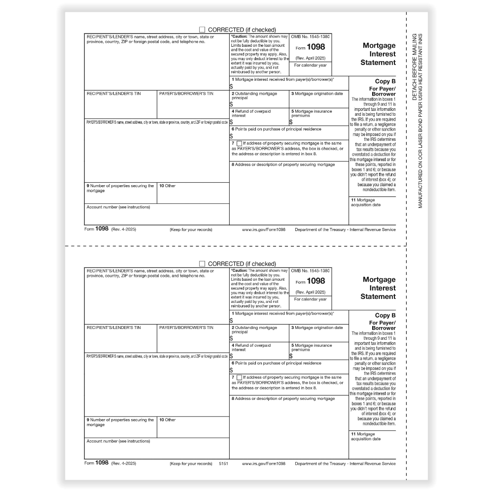 IRS Form 1098 Copy B Mortgage Interest Statement Forms (50 Forms)