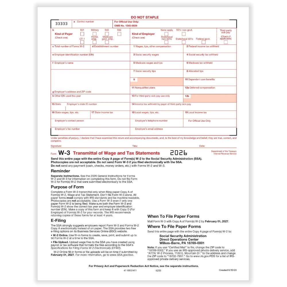 W-3 Transmittal of Income and Tax Statement