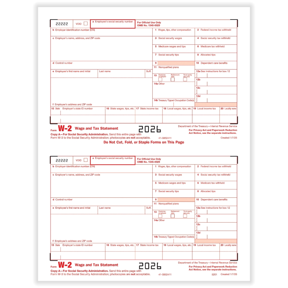 IRS Form W-2 Copy A Federal Filing Forms (500 Sheets)