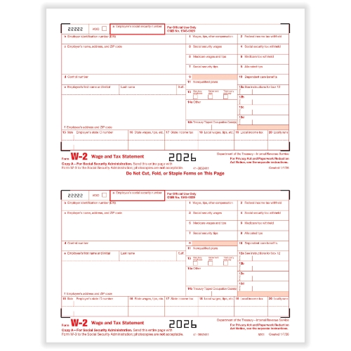 Laser W-2 Copy A - IRS Federal Tax Forms