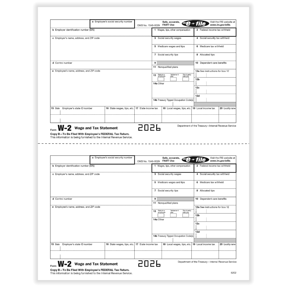 W-2C Copy B Corrected Wage & Tax Statement Forms (500 Sheets)