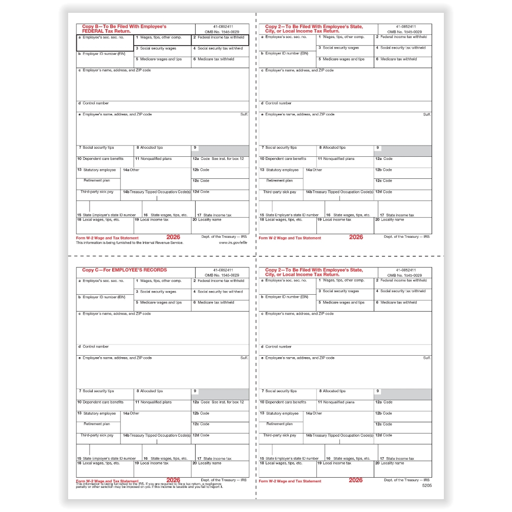 W-2 Employee Copies B, C, 2 & Additional Copy Forms, 4-Up Format (50 Sheets)