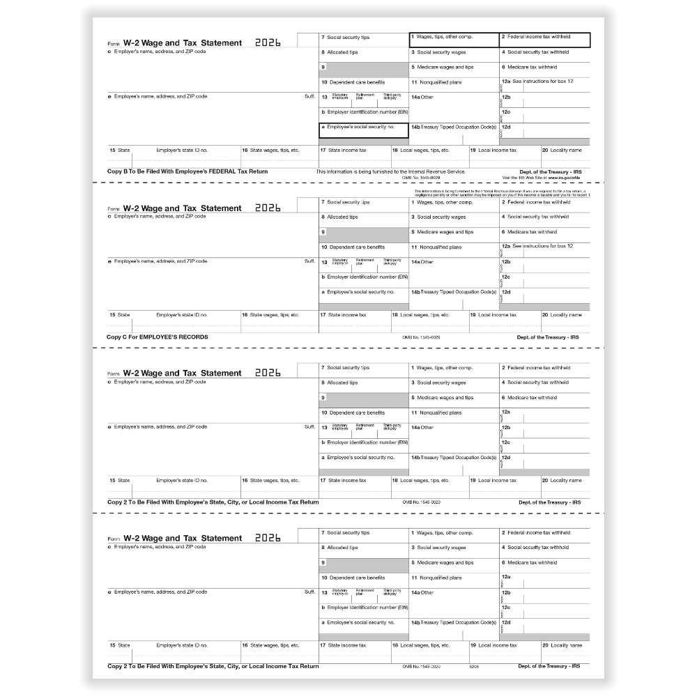 W-2 Employee Copies B, C & 2 Forms, 4-Up Horizontal Format (50 Sheets)