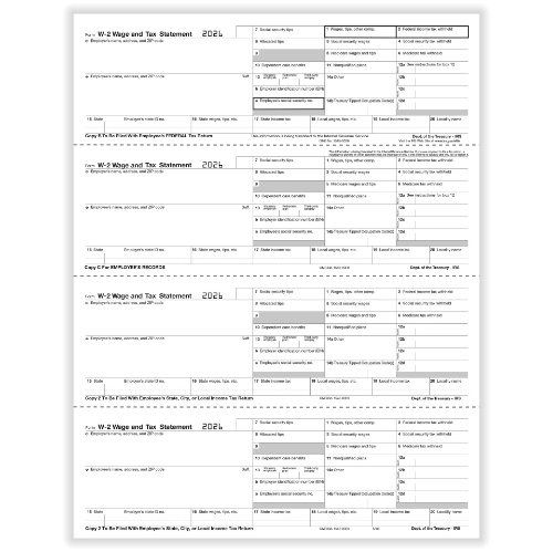 W-2 Employee Copies B, C & 2 Forms, 4-Up Horizontal Format (50 Sheets)