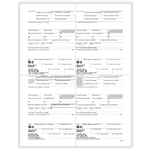 W-2 Employee Copies B, C, 2 & Additional Copy Forms, 4-Up Format (50 Sheets)