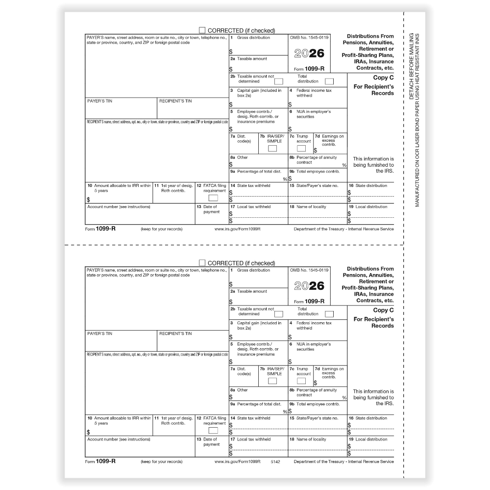 IRS Form 1099-R Copy C Recipient Forms (50 Sheets)