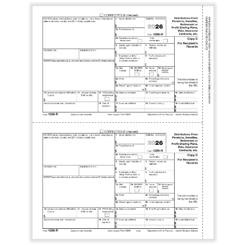 IRS Form 1099-R Copy C Recipient Forms (50 Sheets)