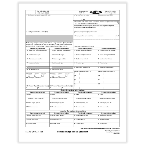 W-2C Copy B Corrected Wage & Tax Statement Forms (50 Sheets)