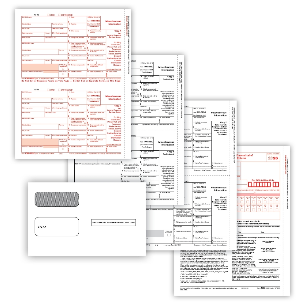 1099-MISC Tax Forms Kit with Envelopes & 1096 Forms (50 Sheets)