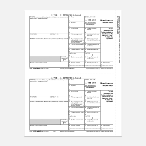 IRS Form 1099-MISC Copies 2 & 1 Recipient Forms (50 Sheets)