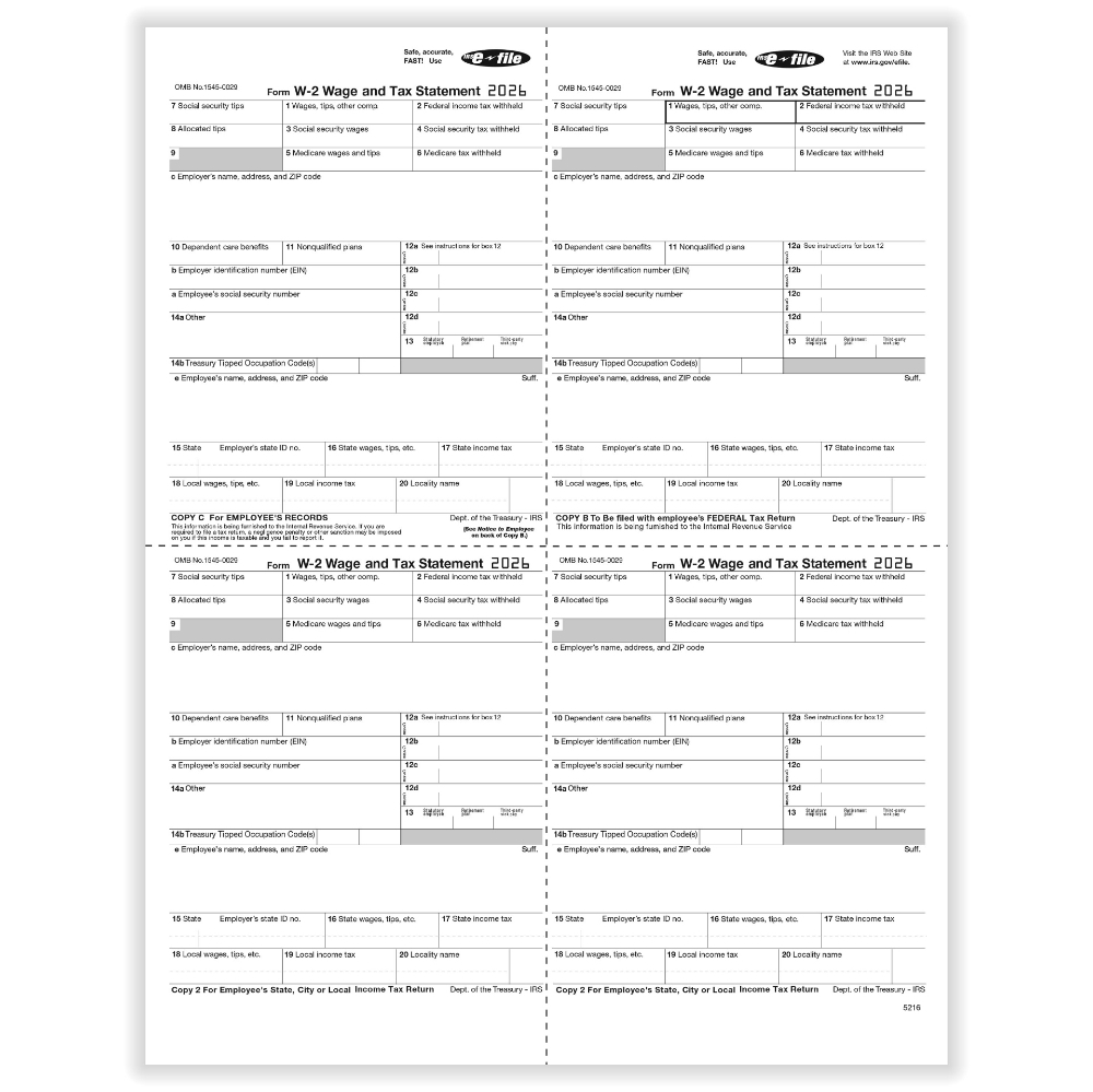 W-2 Employee Copy Forms, 4-Part Set (50)