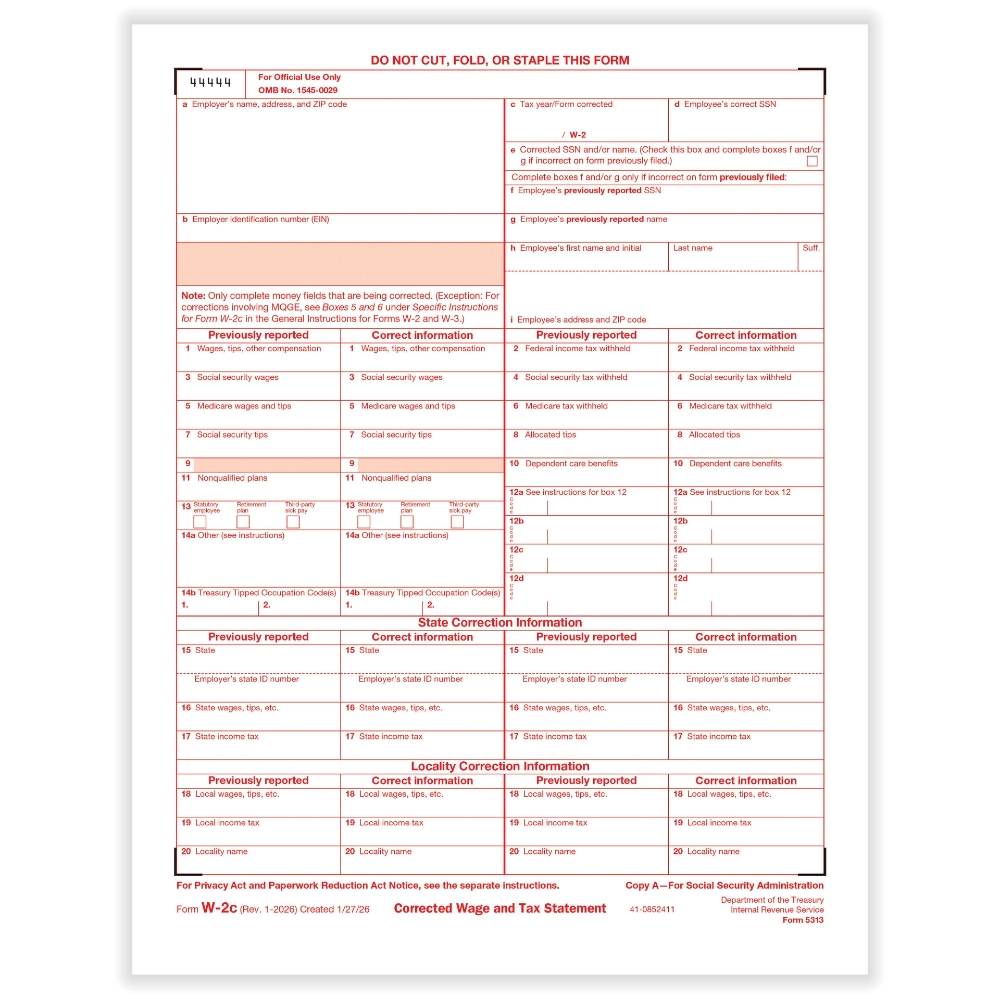 W-2C Corrected Wage & Tax Statement Copy A Forms (50 Forms)