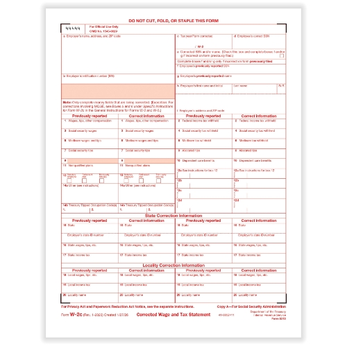 W-2C Corrected Wage & Tax Statement Copy A Forms (50 Forms)