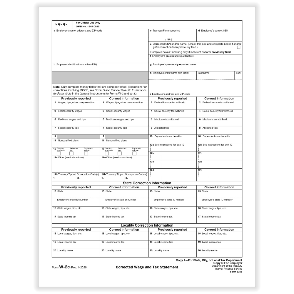 W-2C Employer State, City & Local Tax Copies 1 & D Forms (50 Forms)