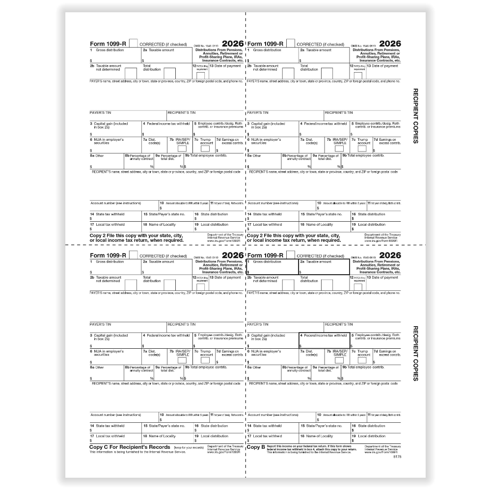 1099-R, 4-Up Box, Recipients Copy B, C and 2 File Copies