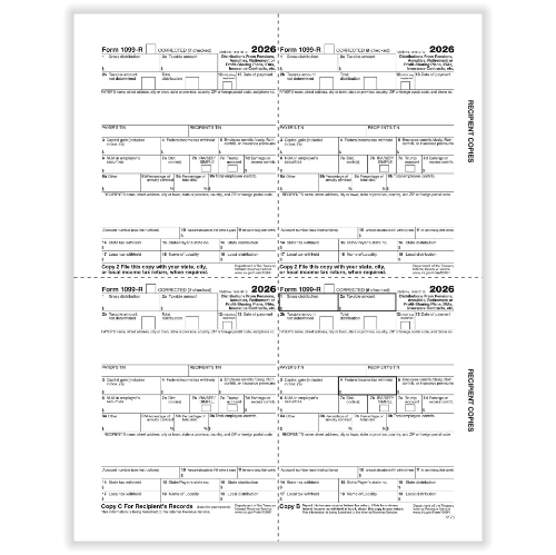 1099-R, 4-Up Box, Recipients Copy B, C and 2 File Copies
